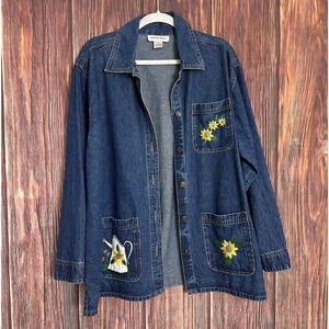 VTG Michelle Louise Denim Jacket Sunflower Embroidery Size Womens XL Vintage 90s